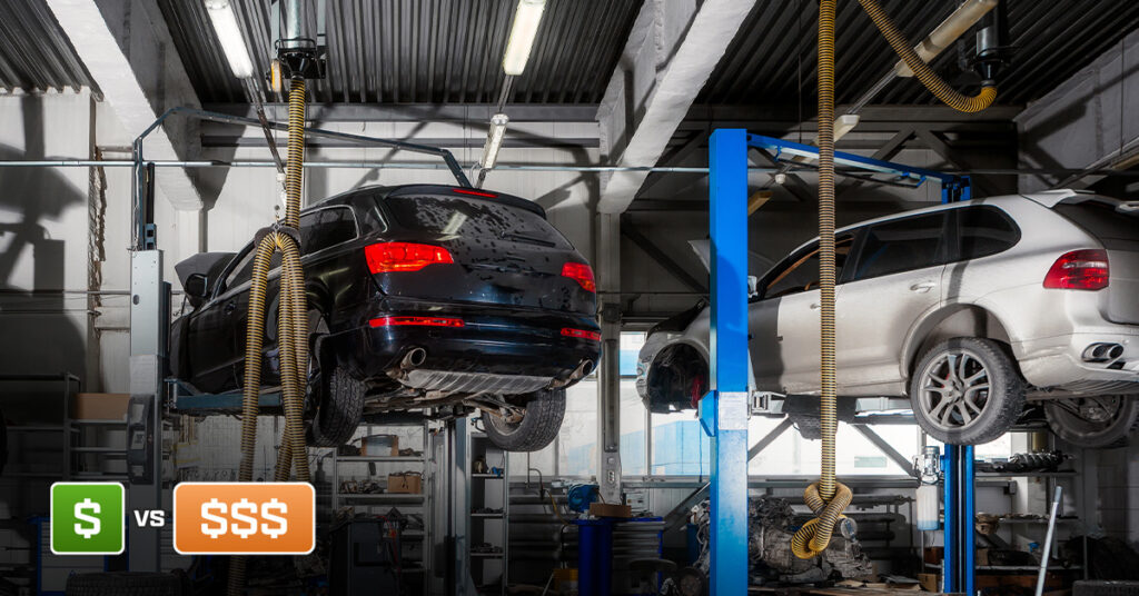 Black sedan lifted in the Pearson Auto shop in Alaska