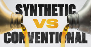two types of motor oil pour out, with the words “synthetic vs conventional”