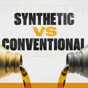 two types of motor oil pour out, with the words “synthetic vs conventional”